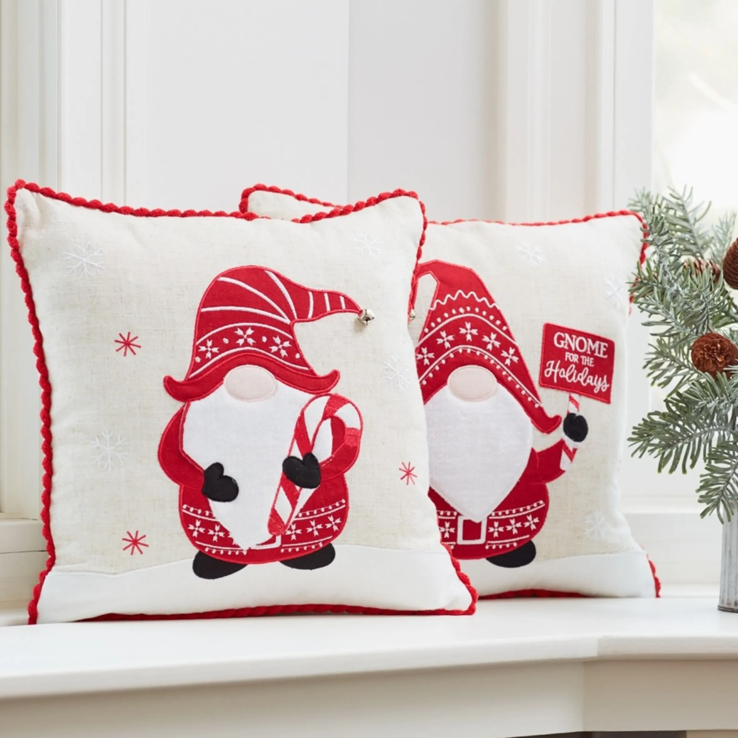 Set Of 2 White And Red "Gnome For The Holidays" Christmas Throw Pillows 15"