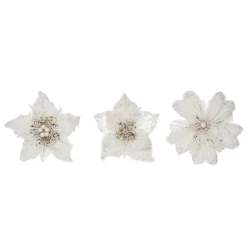 Set Of 3 White Poinsettia Christmas Floral Decorations 6"