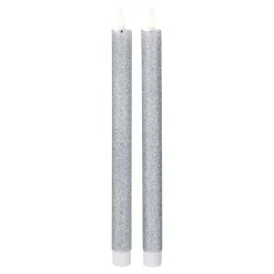 Set 2 Silver Glittered Led Flameless Taper Christmas Candles 11"