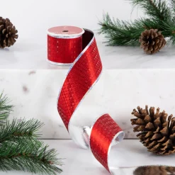 Shimmery Red And Silver Horizontal Wired Christmas Craft Ribbon 2.5" X 10 Yards