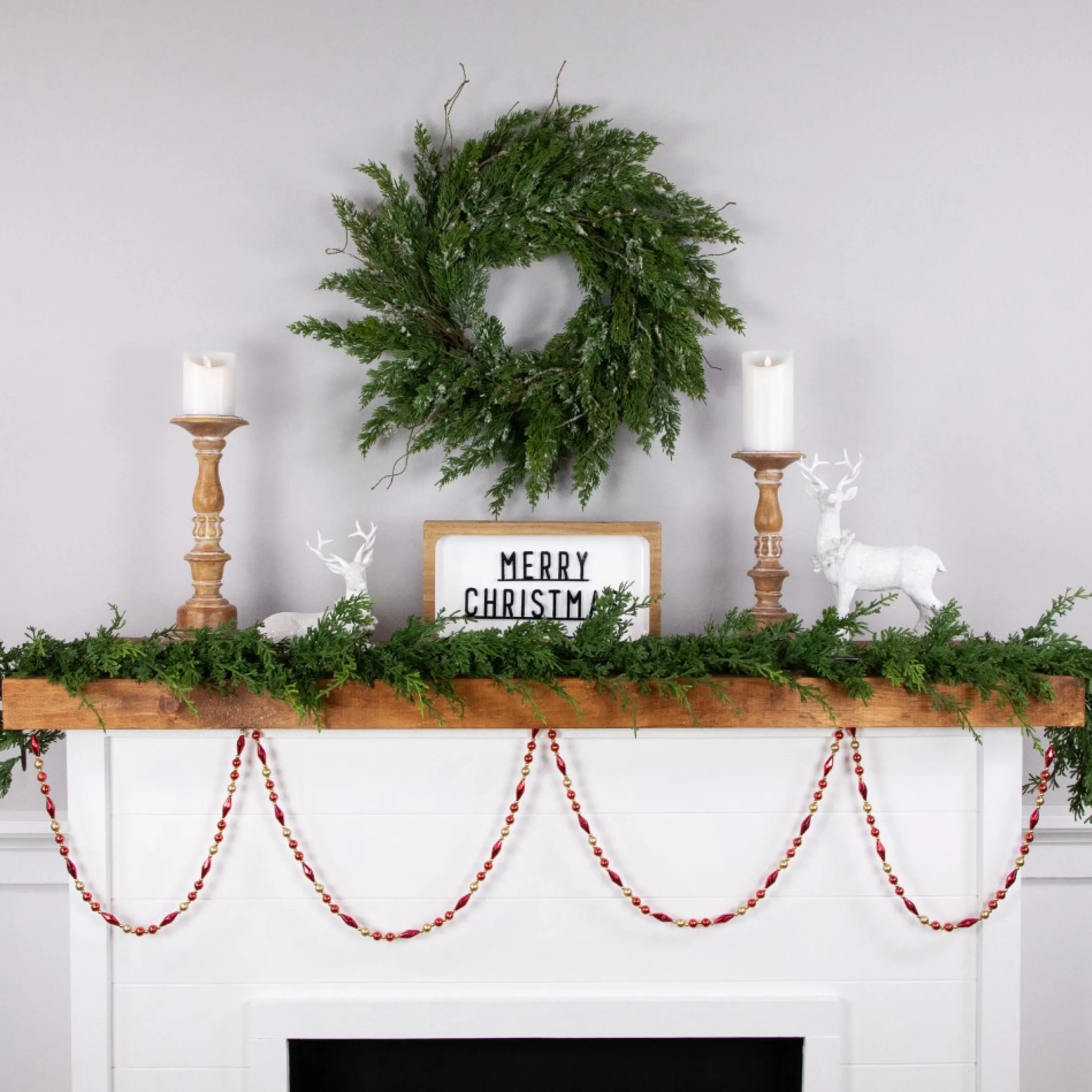 9' Shiny And Matte Red And Gold Beaded Christmas Garland, Unlit