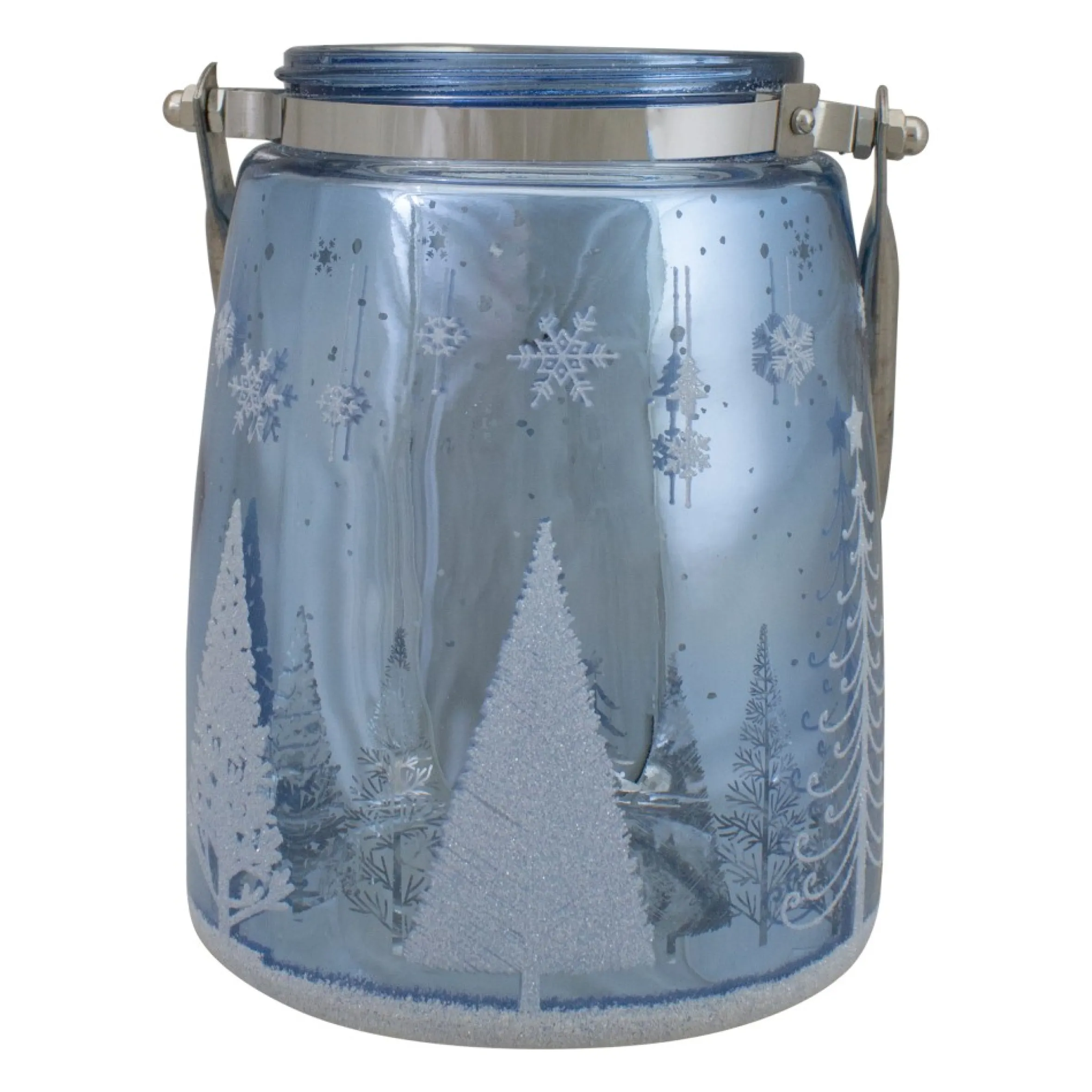 6.25" Shiny Blue And Silver Winter Forest And Snowflake Christmas Flameless Candle Lantern