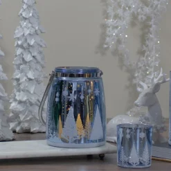 6.25" Shiny Blue And Silver Winter Forest And Snowflake Christmas Flameless Candle Lantern