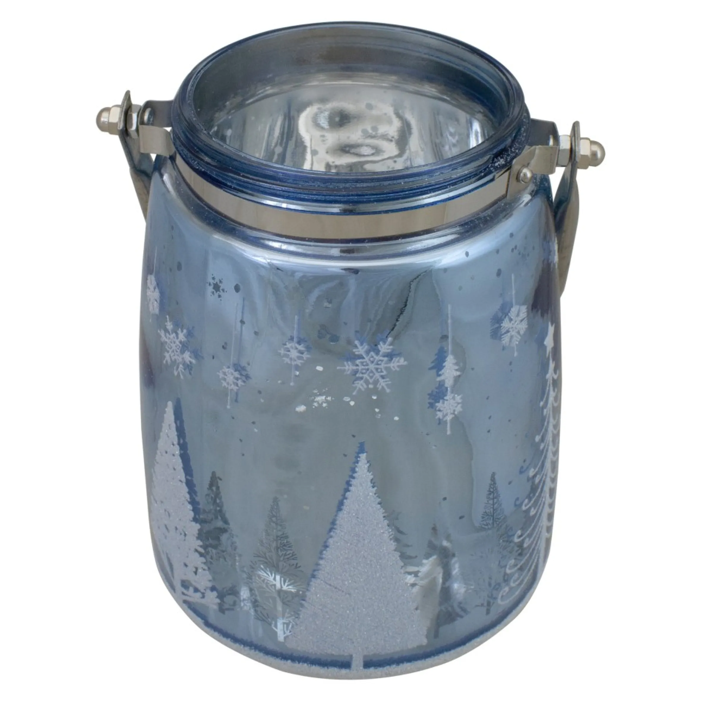 6.25" Shiny Blue And Silver Winter Forest And Snowflake Christmas Flameless Candle Lantern