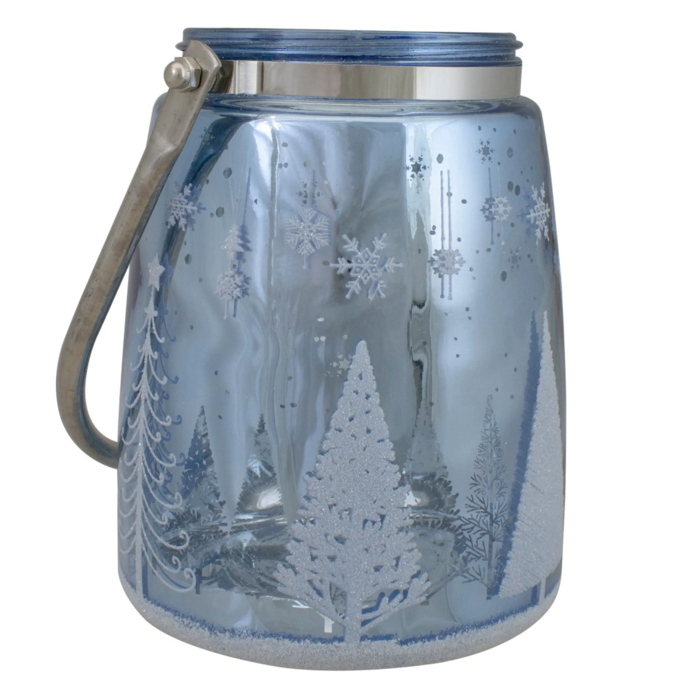 6.25" Shiny Blue And Silver Winter Forest And Snowflake Christmas Flameless Candle Lantern