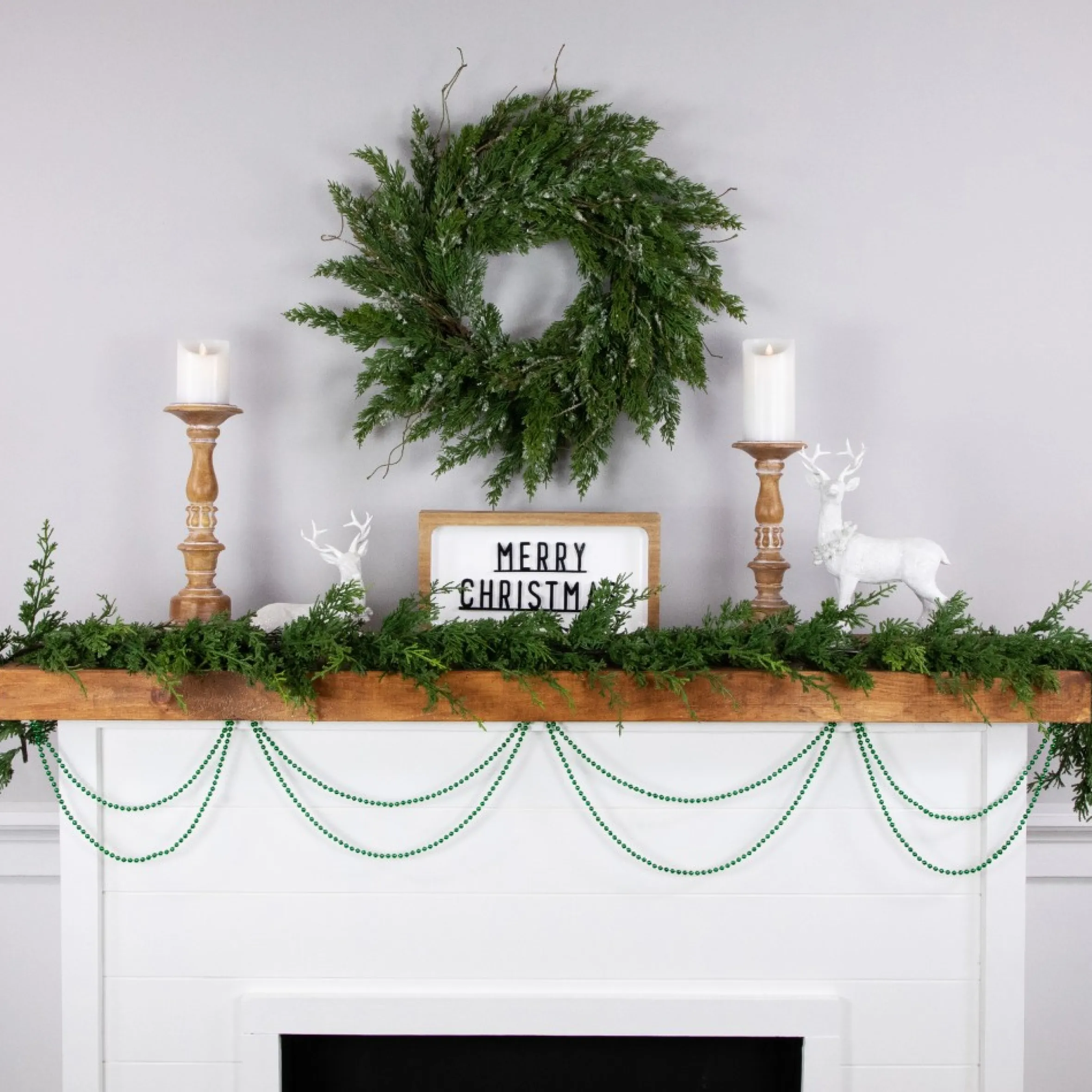 15' Shiny Metallic Green Beaded Christmas Garland - Unlit
