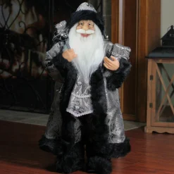 24" Silver And Black Santa Claus With Gifts Christmas Figure