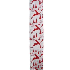 Silver And Red Flying Reindeer Wired Christmas Craft Ribbon 2.5" X 10 Yards