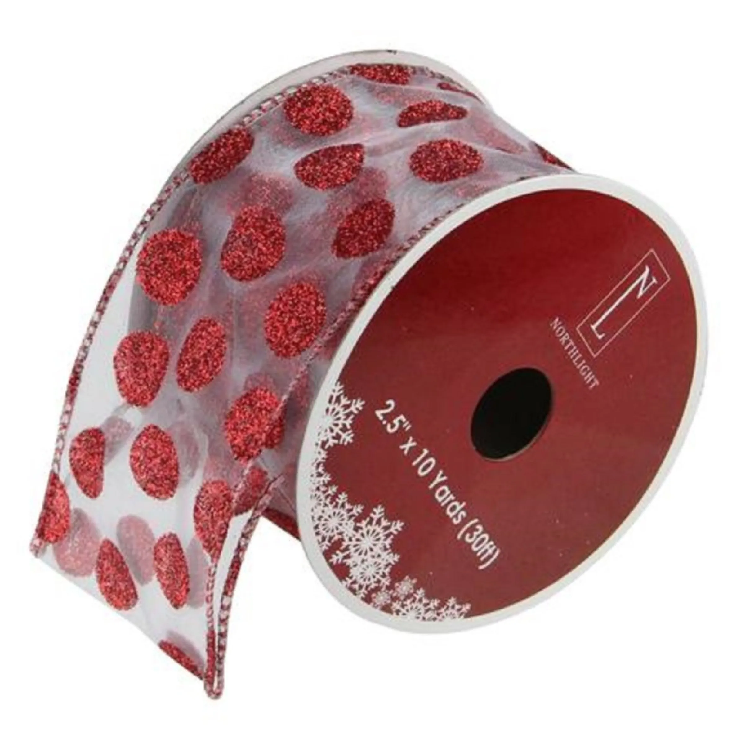 Silver And Red Glittering Polka Dots Christmas Wired Craft Ribbon 2.5" X 10 Yards