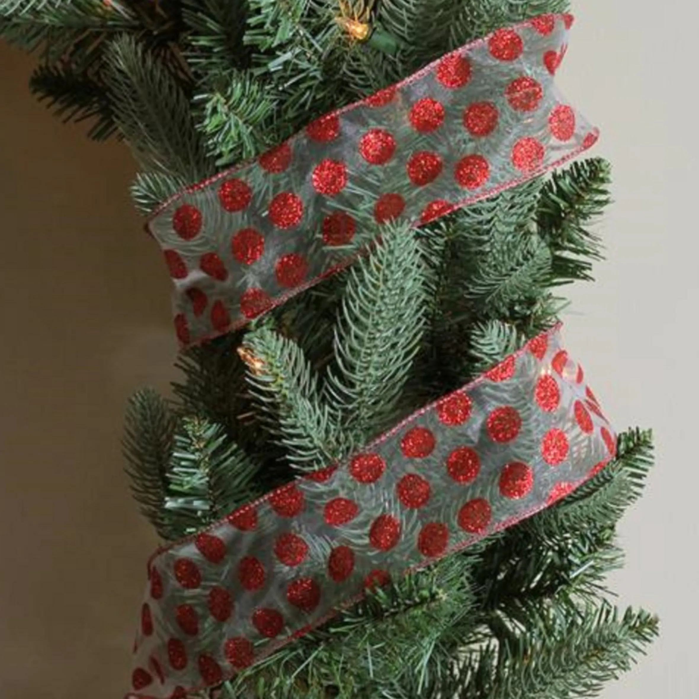 Silver And Red Glittering Polka Dots Christmas Wired Craft Ribbon 2.5" X 10 Yards
