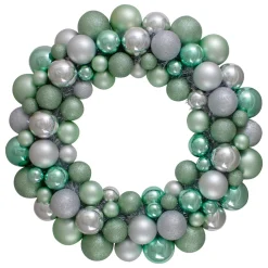 Silver And Seafoam Green 3-Finish Shatterproof Ball Christmas Wreath - 24-Inch, Unlit