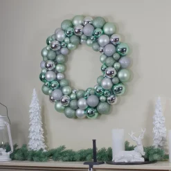 Silver And Seafoam Green 3-Finish Shatterproof Ball Christmas Wreath - 24-Inch, Unlit