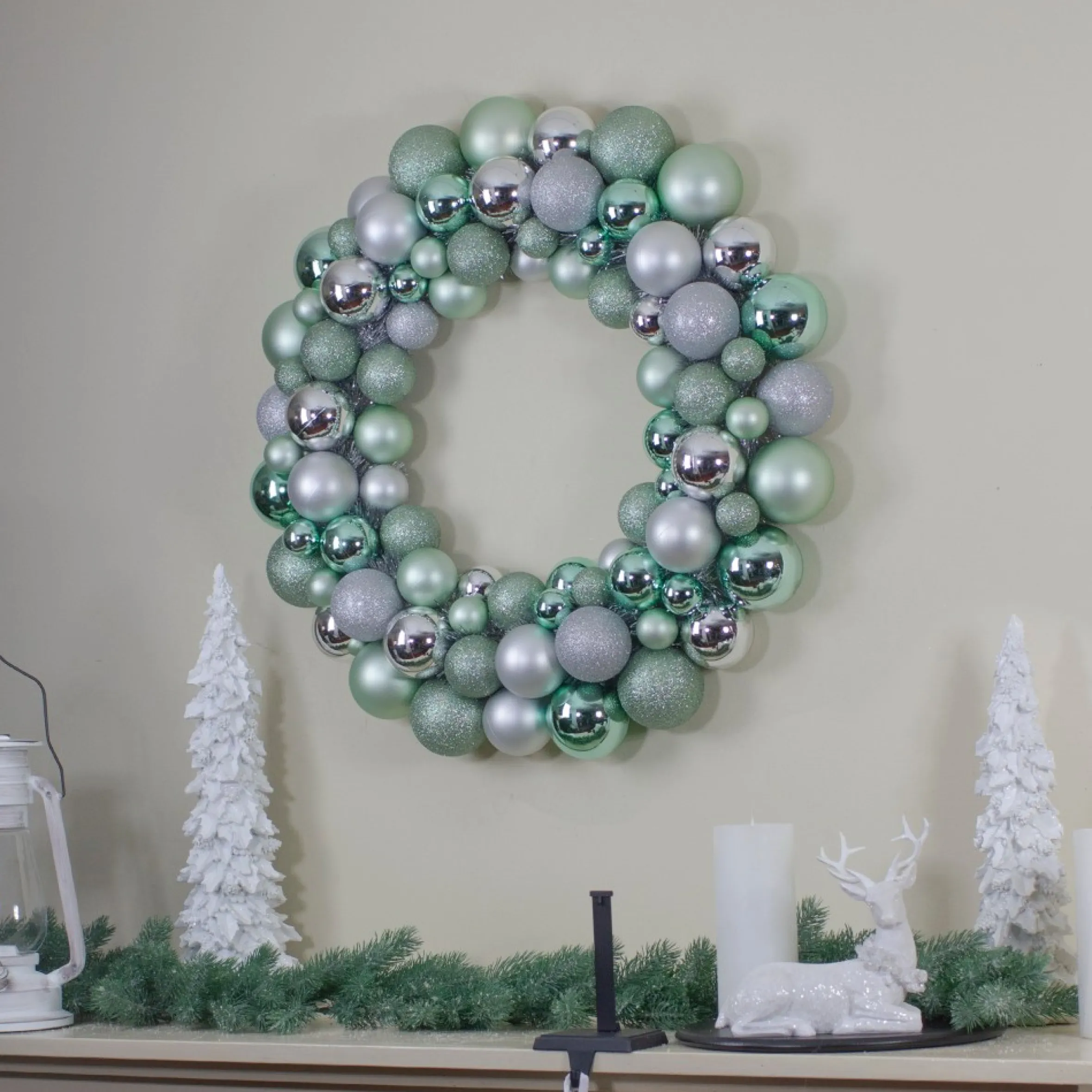 Silver And Seafoam Green 3-Finish Shatterproof Ball Christmas Wreath - 24-Inch, Unlit