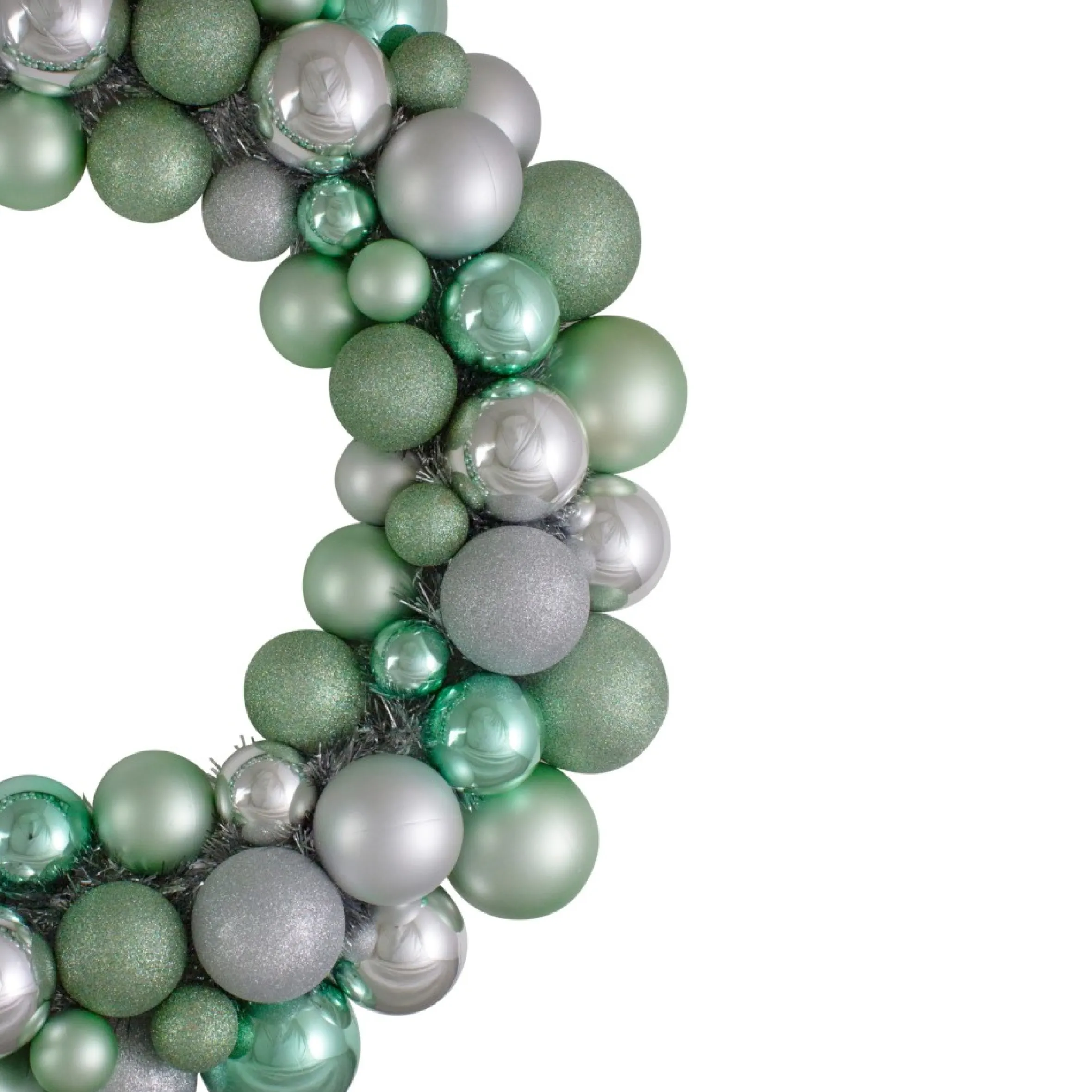Silver And Seafoam Green 3-Finish Shatterproof Ball Christmas Wreath - 24-Inch, Unlit