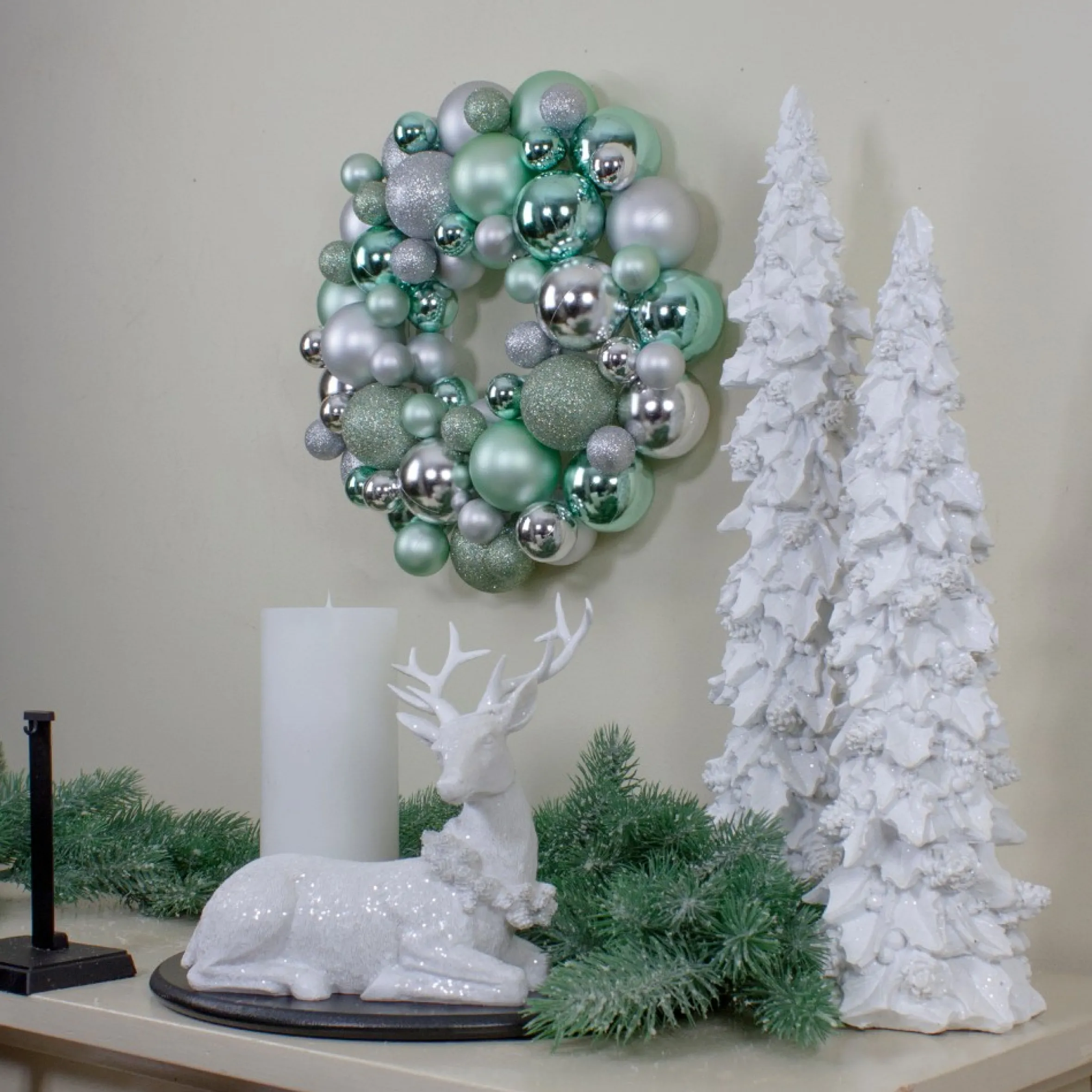 Silver And Seafoam Green 3-Finish Shatterproof Ball Christmas Wreath, 13-Inch