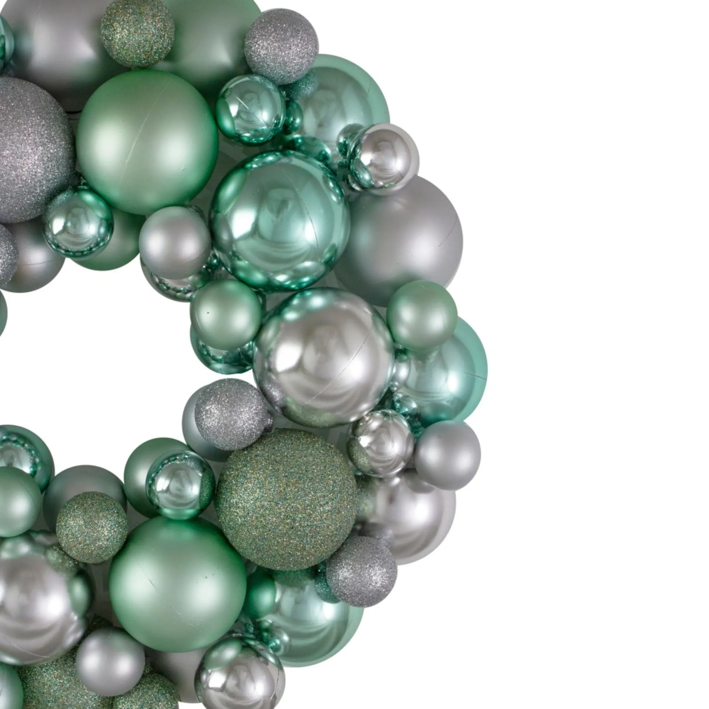 Silver And Seafoam Green 3-Finish Shatterproof Ball Christmas Wreath, 13-Inch