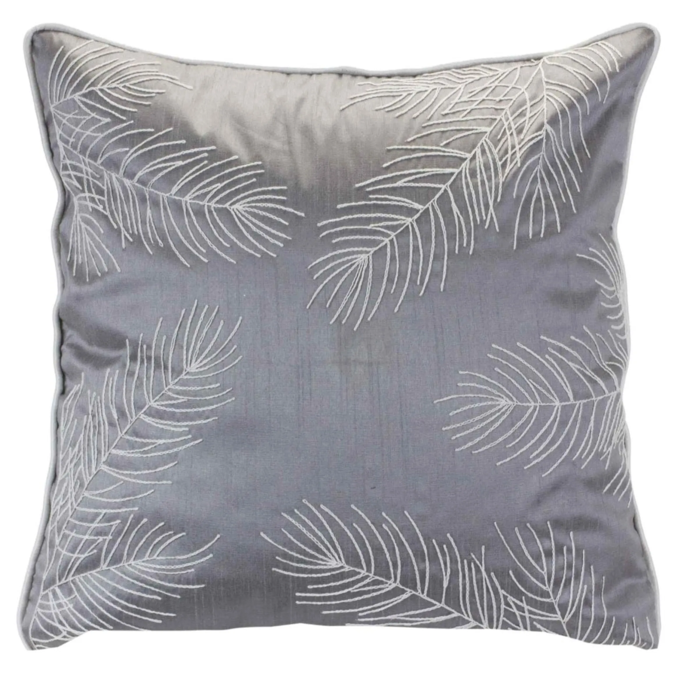 17" Silver And White Embroidered Pine Branch Square Christmas Throw Pillow