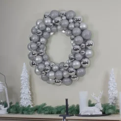 Silver 3-Finish Shatterproof Ball Ornament Christmas Wreath, 36-Inch