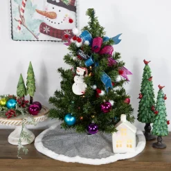 20" Silver Glittered Mini Christmas Tree Skirt With White Fur Trim
