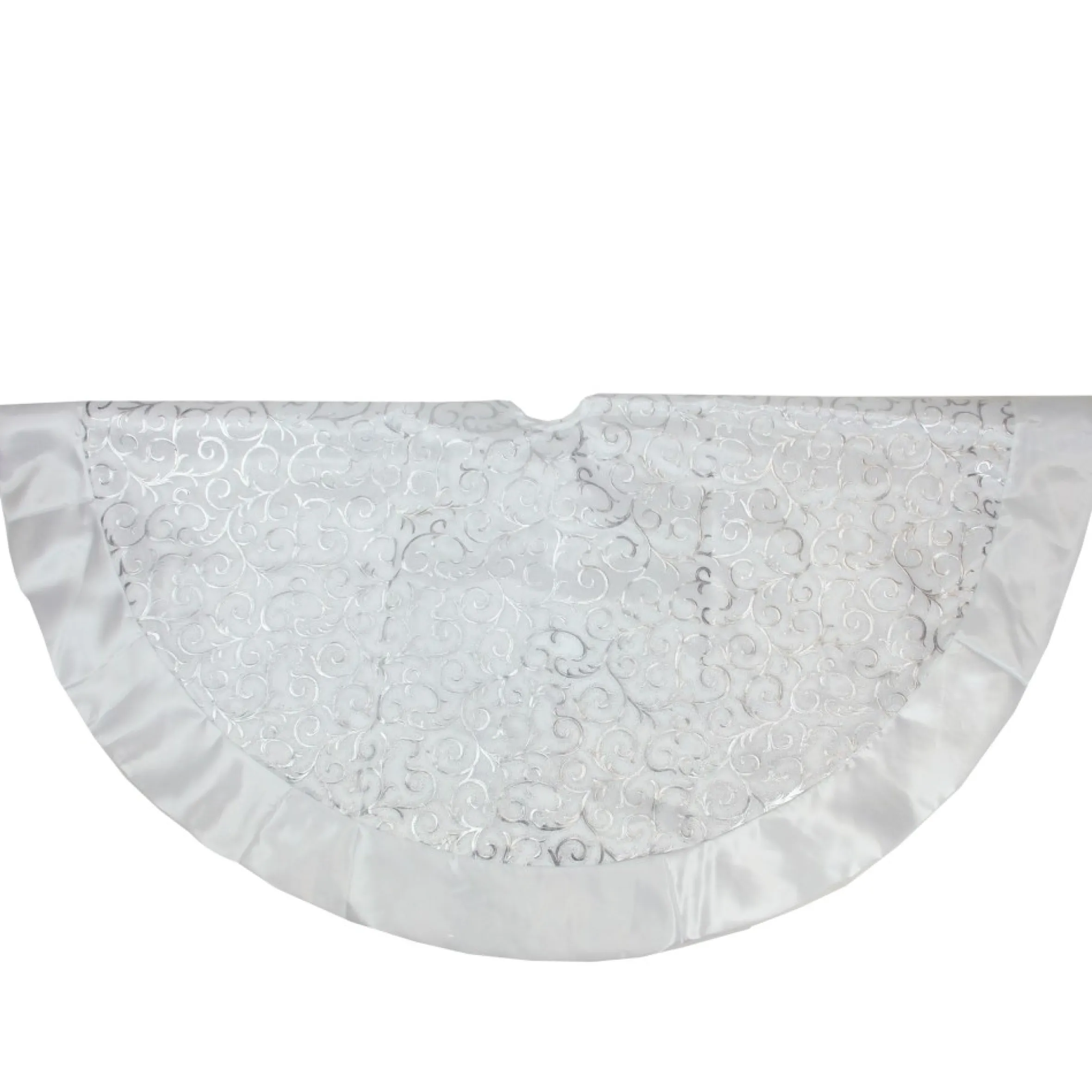 48" Silver Metallic Filigree Christmas Tree Skirt With Sateen Bows