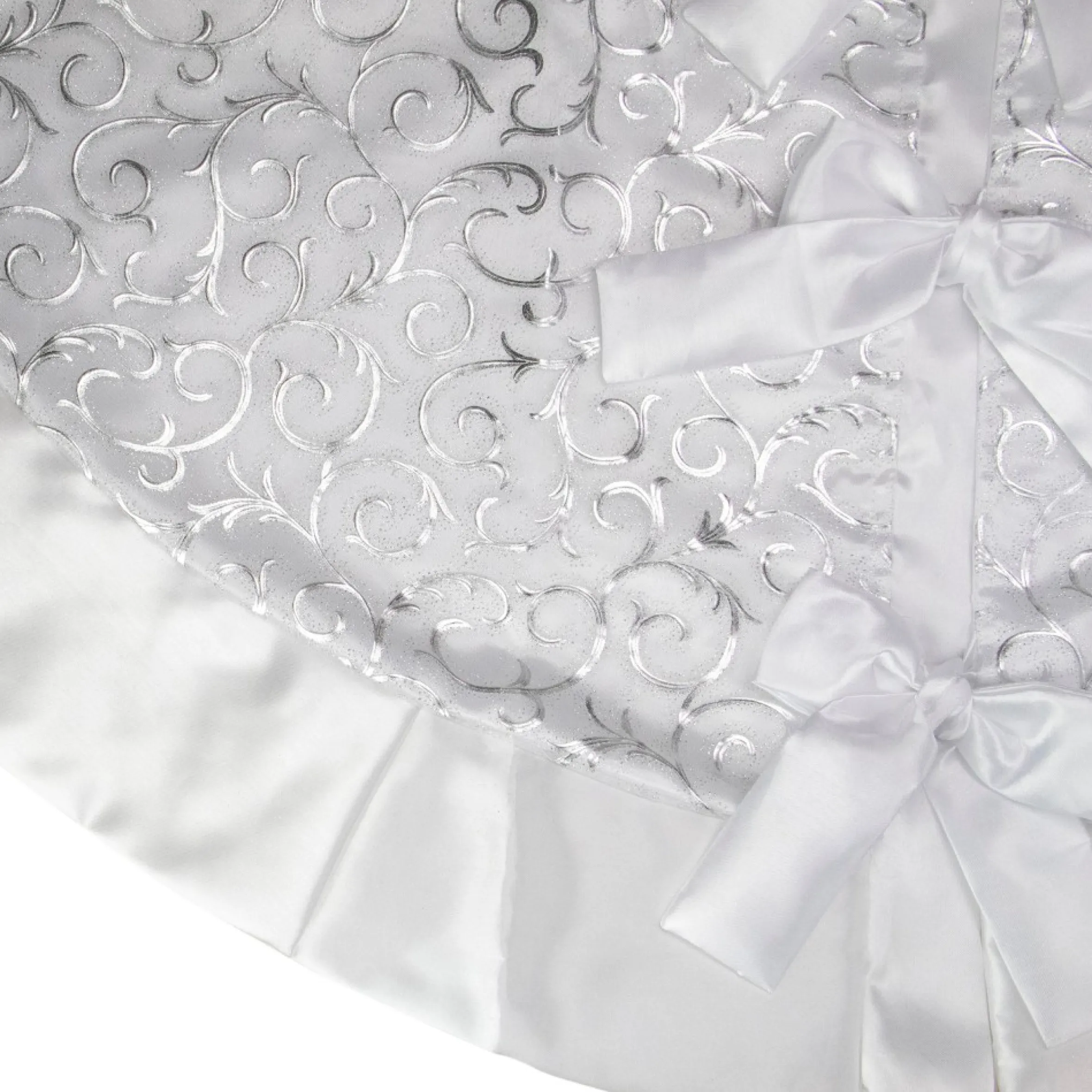 48" Silver Metallic Filigree Christmas Tree Skirt With Sateen Bows