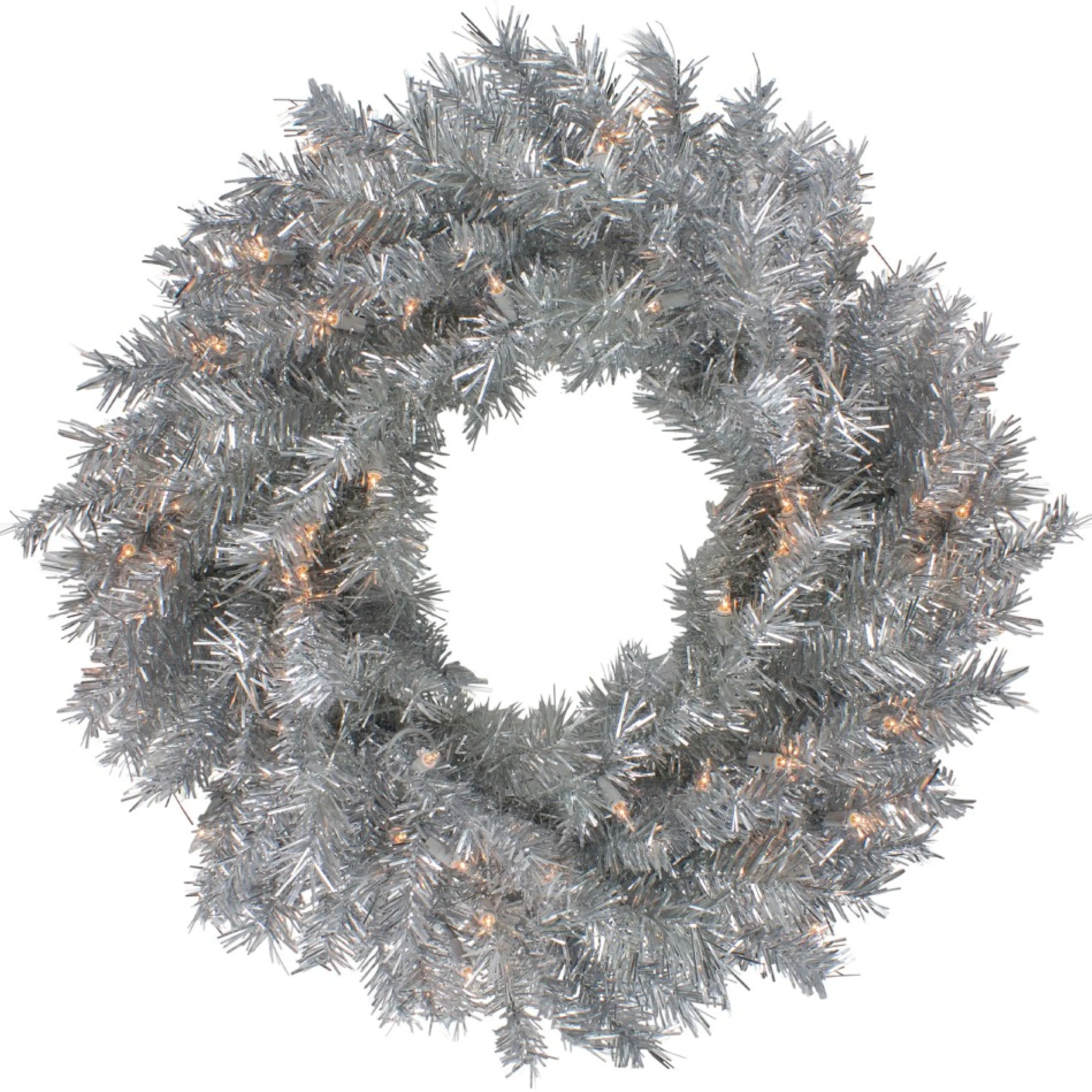 24" Silver Tinsel Artificial Christmas Wreath, Clear Lights