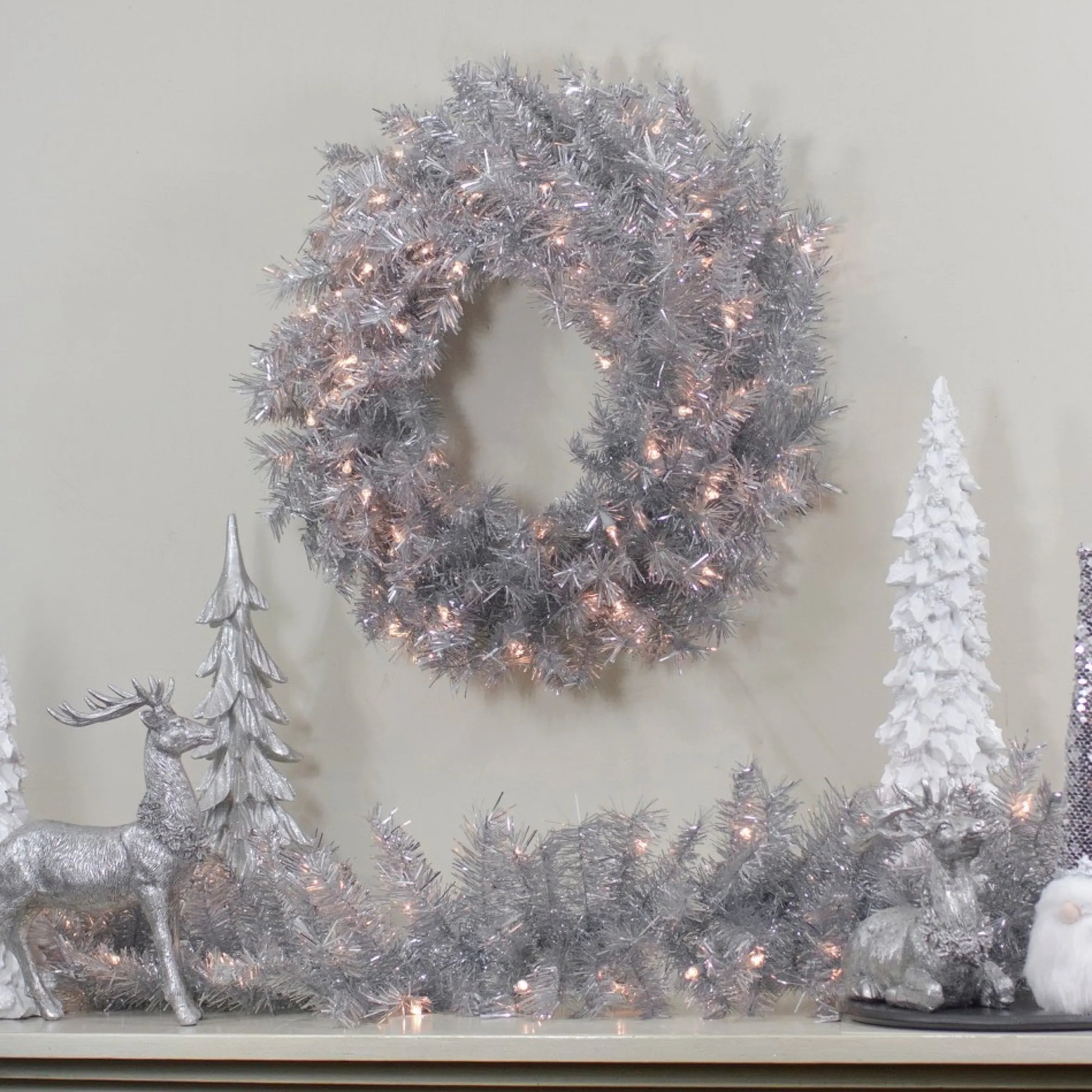 24" Silver Tinsel Artificial Christmas Wreath, Clear Lights