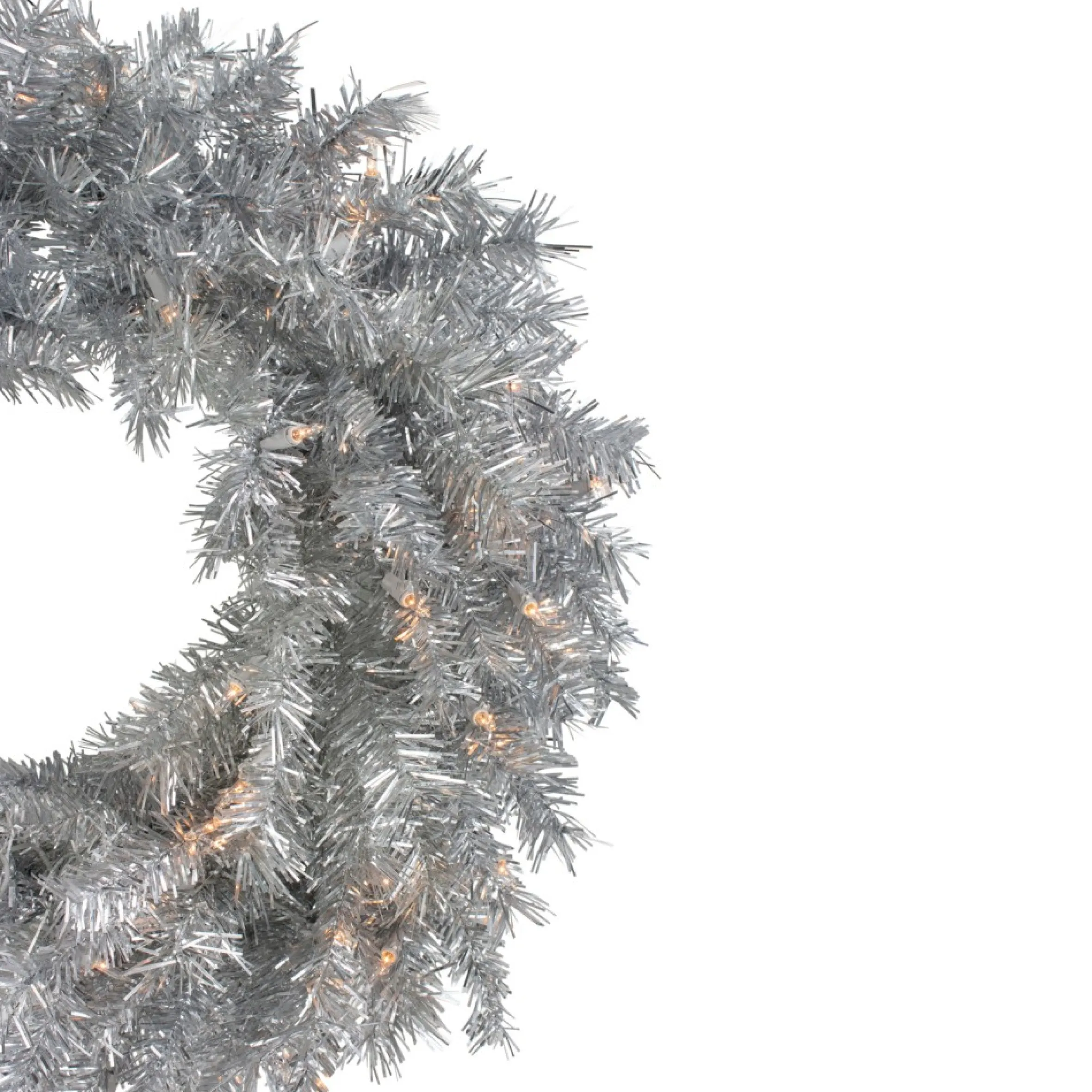 24" Silver Tinsel Artificial Christmas Wreath, Clear Lights