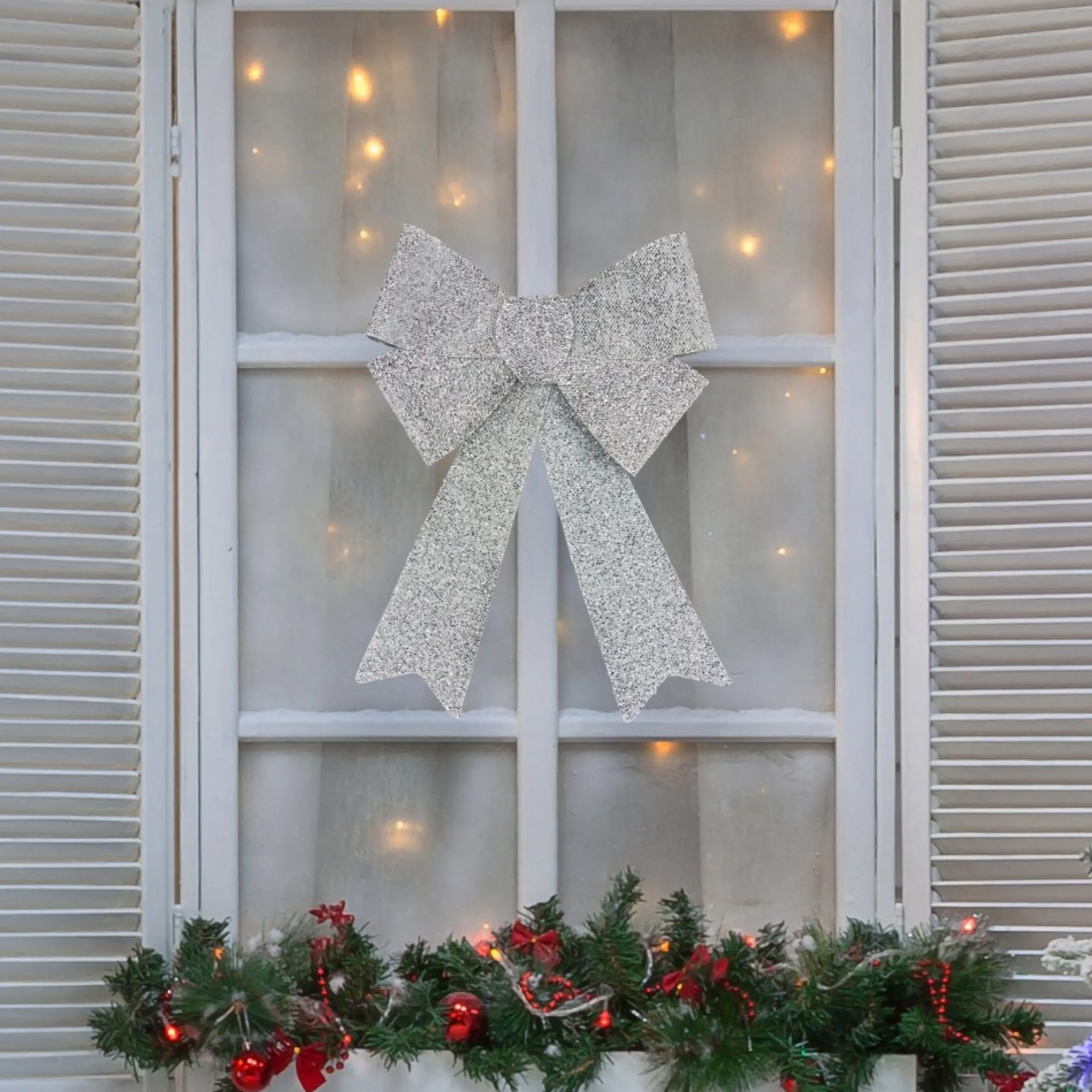 17" Silver Tinsel 4-Loop Bow Christmas Decoration