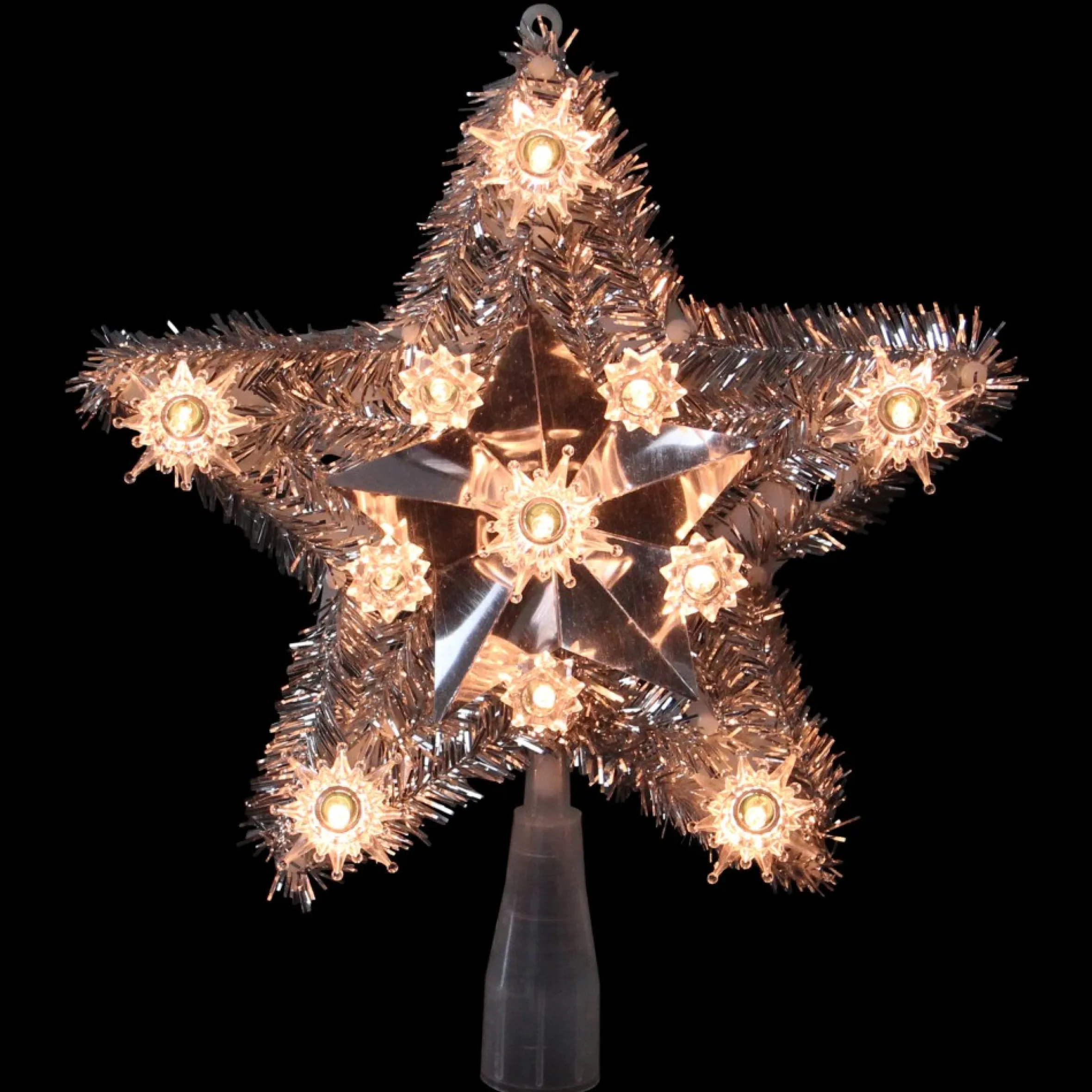 9" Silver Tinsel Star Christmas Tree Topper - Clear Lights