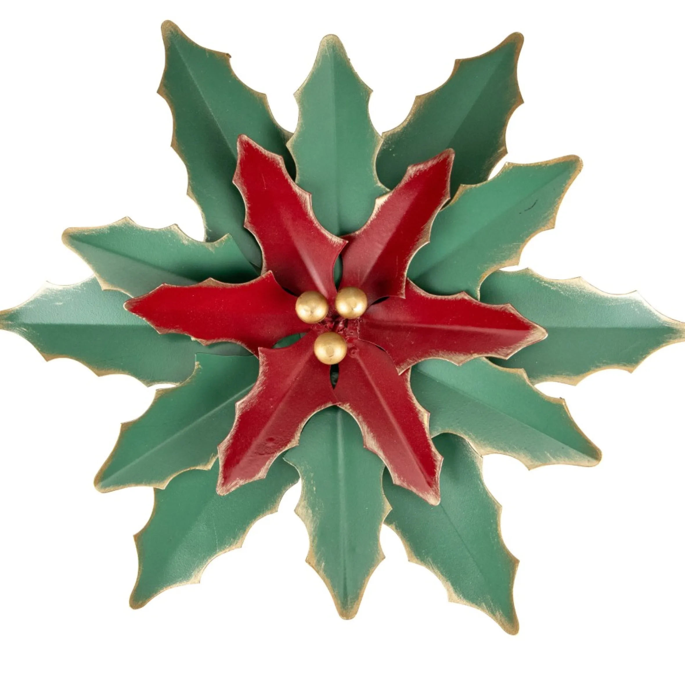 14" Small Green And Red Metal Poinsettia Christmas Wall Hanging