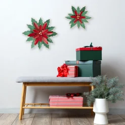 14" Small Green And Red Metal Poinsettia Christmas Wall Hanging