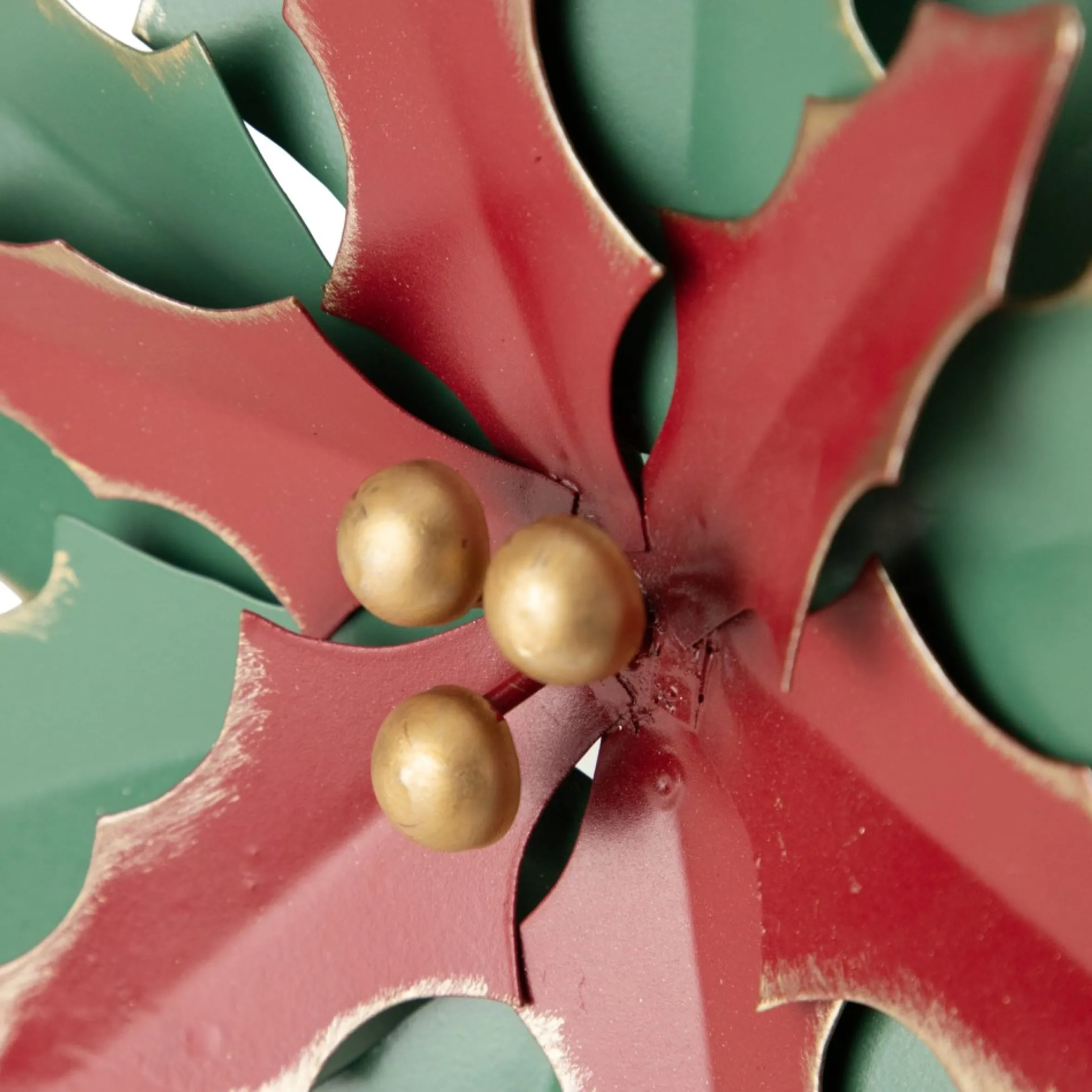 14" Small Green And Red Metal Poinsettia Christmas Wall Hanging
