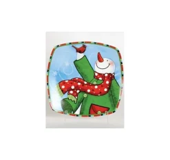 12" Snow Drift Multi-Color Snowman Square Porcelain Christmas Dining Plate