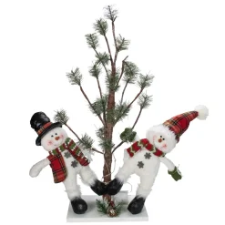 34" Snowmen Friends With Pre-Lit Led Pine Tree Christmas Tabletop Decor