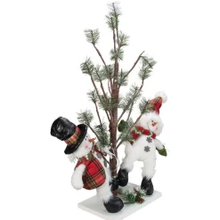 34" Snowmen Friends With Pre-Lit Led Pine Tree Christmas Tabletop Decor