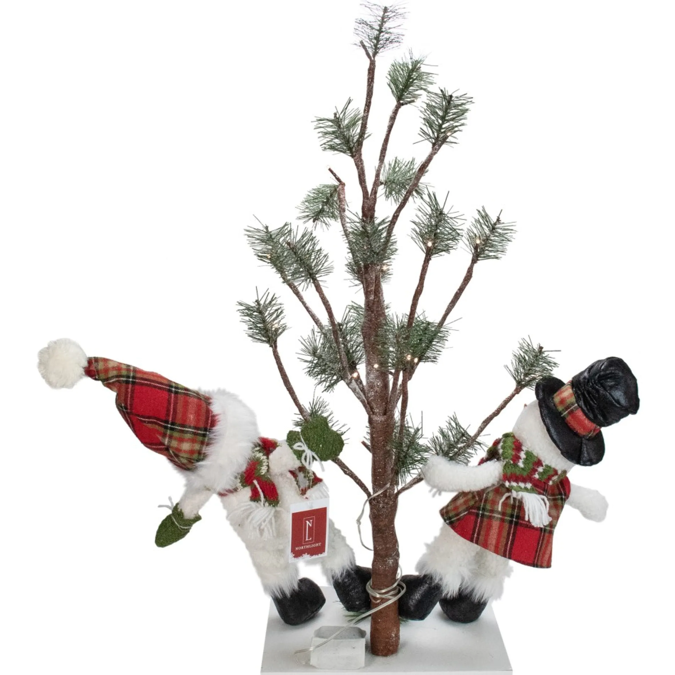 34" Snowmen Friends With Pre-Lit Led Pine Tree Christmas Tabletop Decor