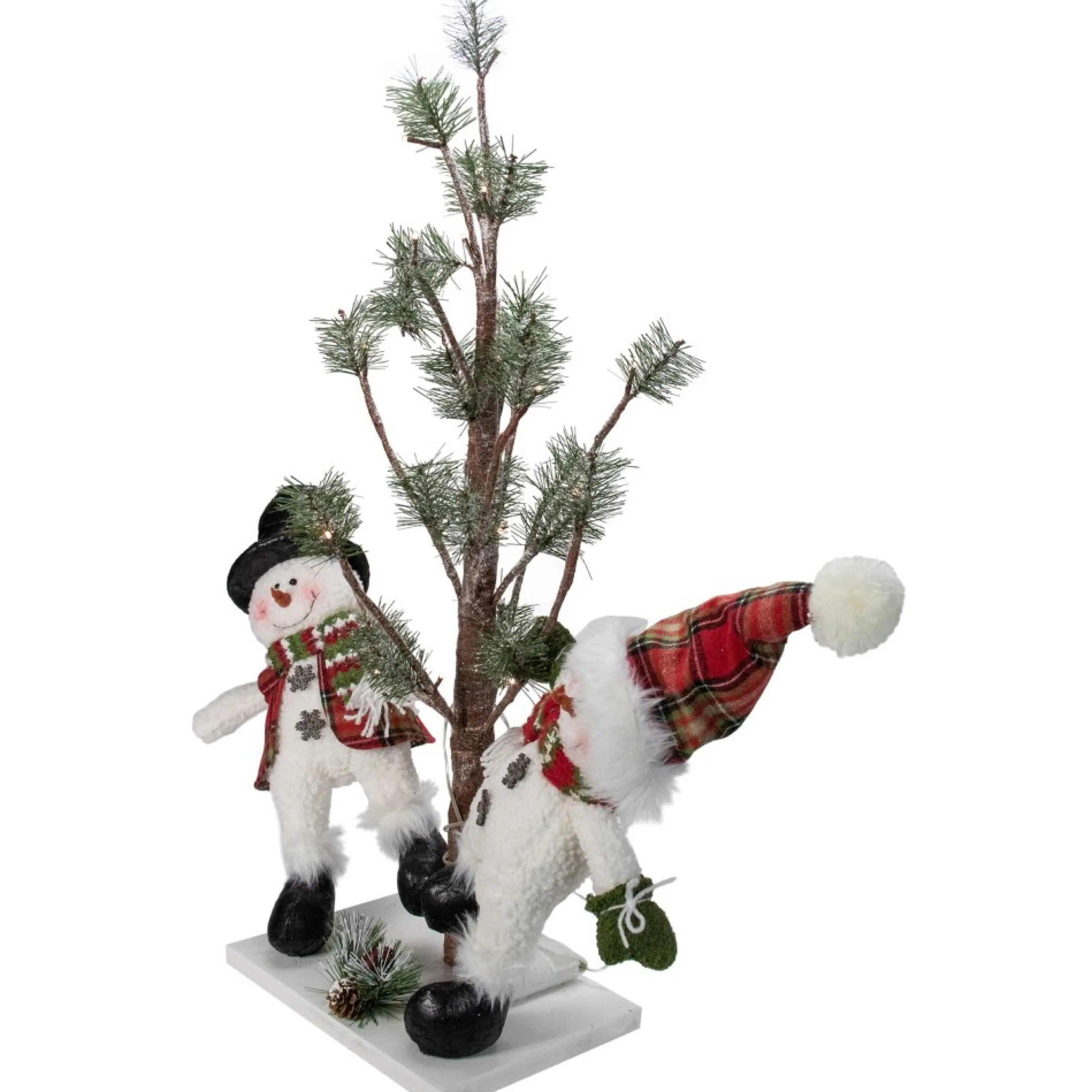34" Snowmen Friends With Pre-Lit Led Pine Tree Christmas Tabletop Decor