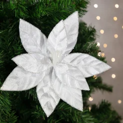 9.5" Snow White Glittered Poinsettia Floral Christmas Clip