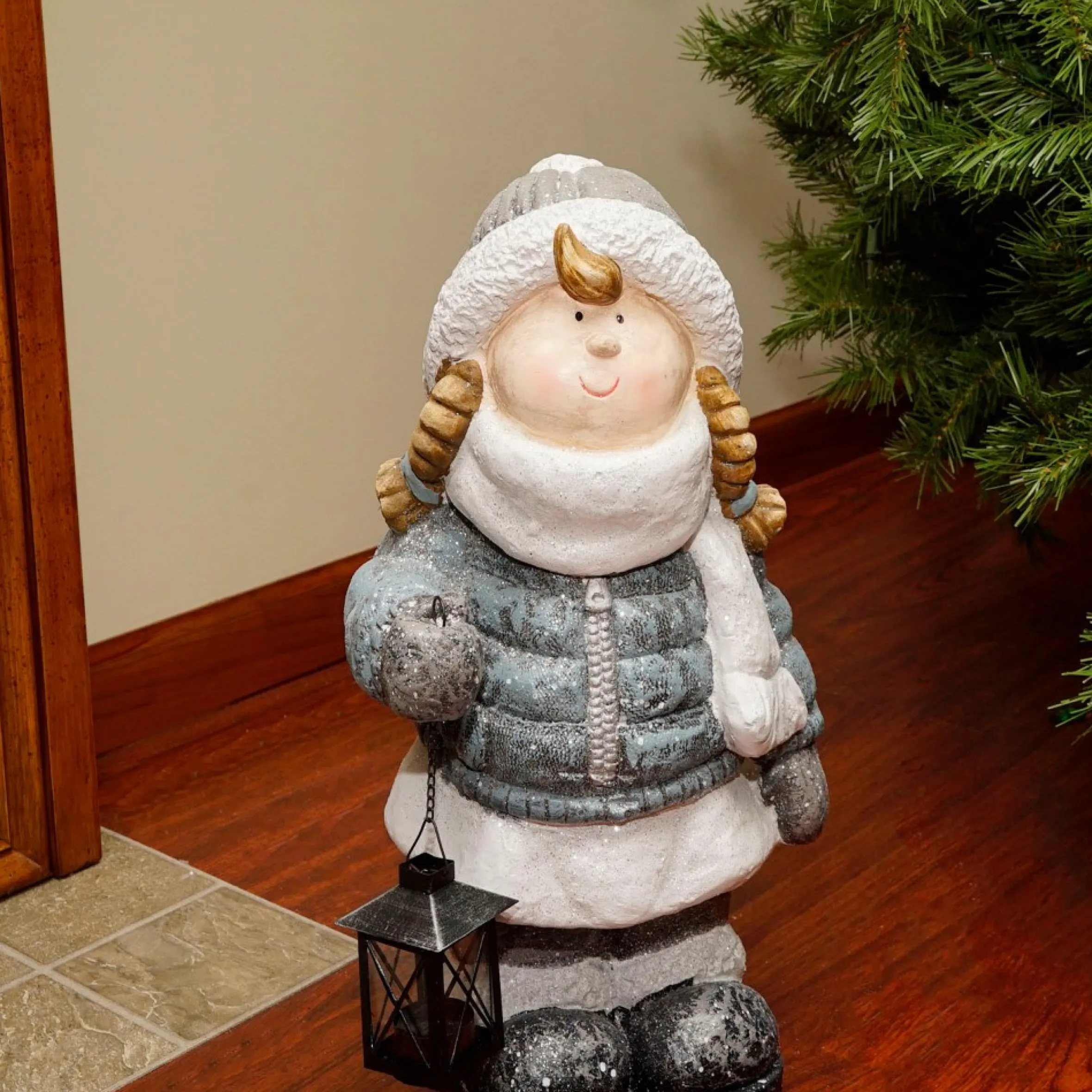 18" Snowy Woodlands Little Girl Holding Tea Light Lantern Christmas Figurine