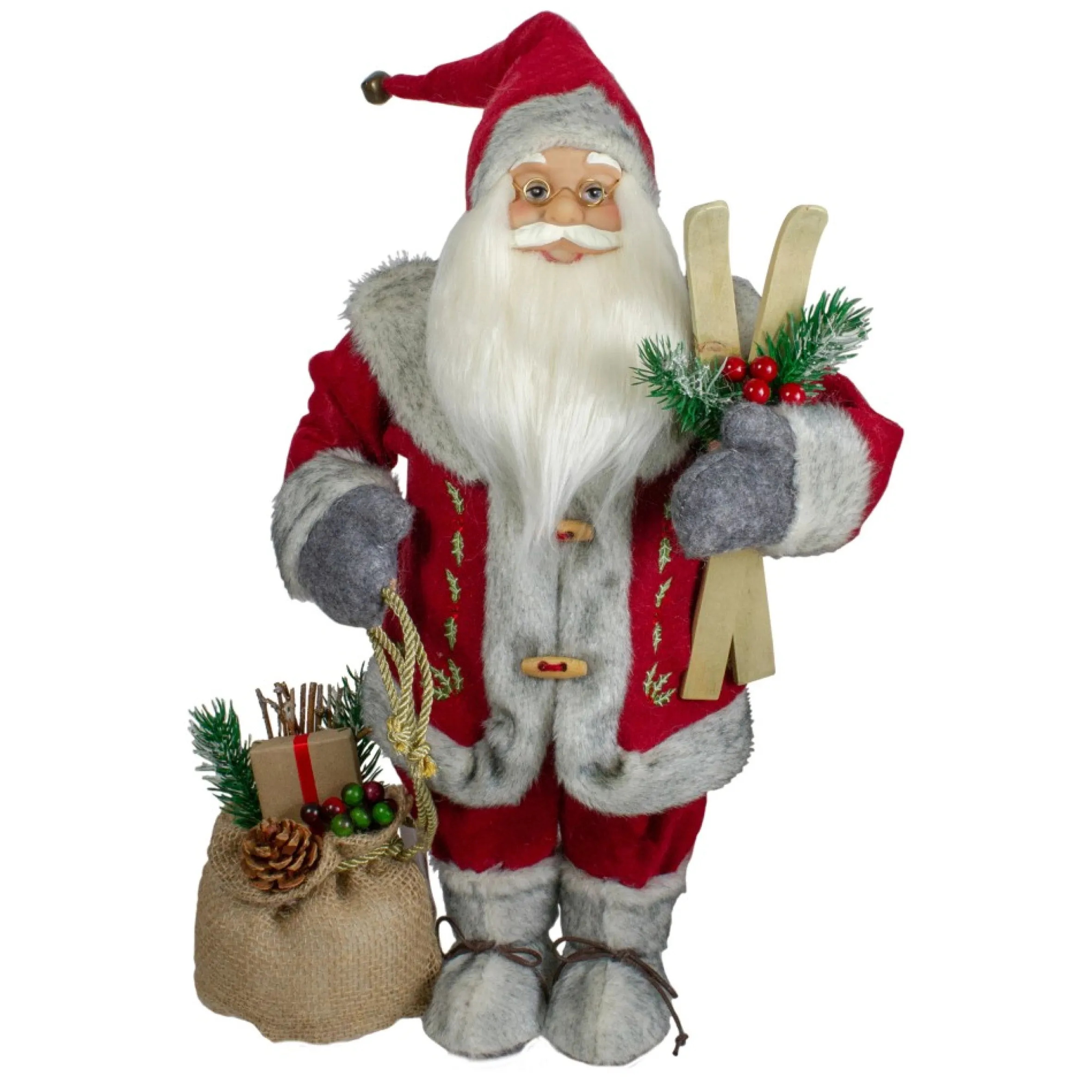 18" Standing Santa Christmas Figure With Skis And Fur Boots