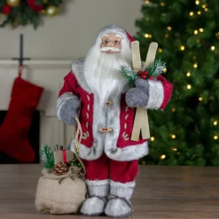18" Standing Santa Christmas Figure With Skis And Fur Boots