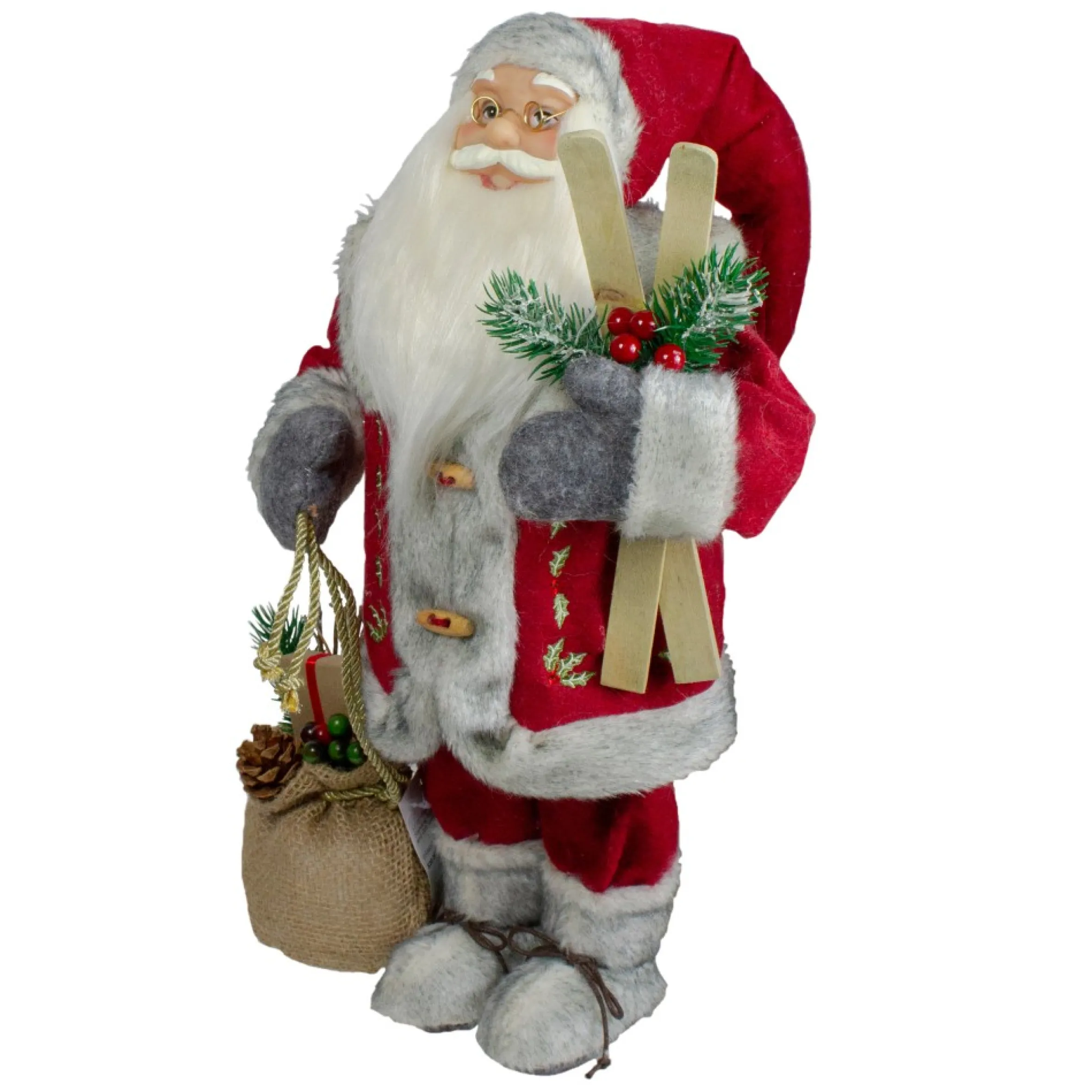 18" Standing Santa Christmas Figure With Skis And Fur Boots