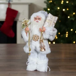 12" Standing Santa Christmas Figure Dressed In Plush Winter White And Gold