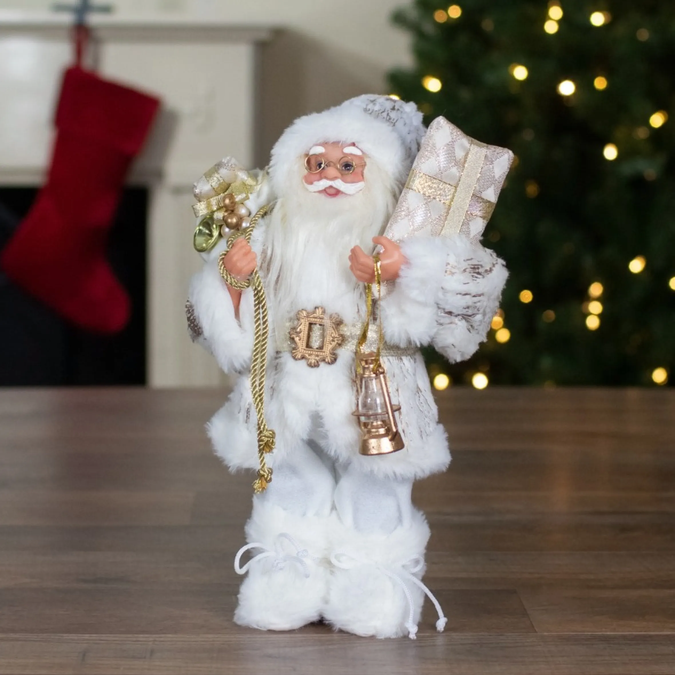 12" Standing Santa Christmas Figure Dressed In Plush Winter White And Gold