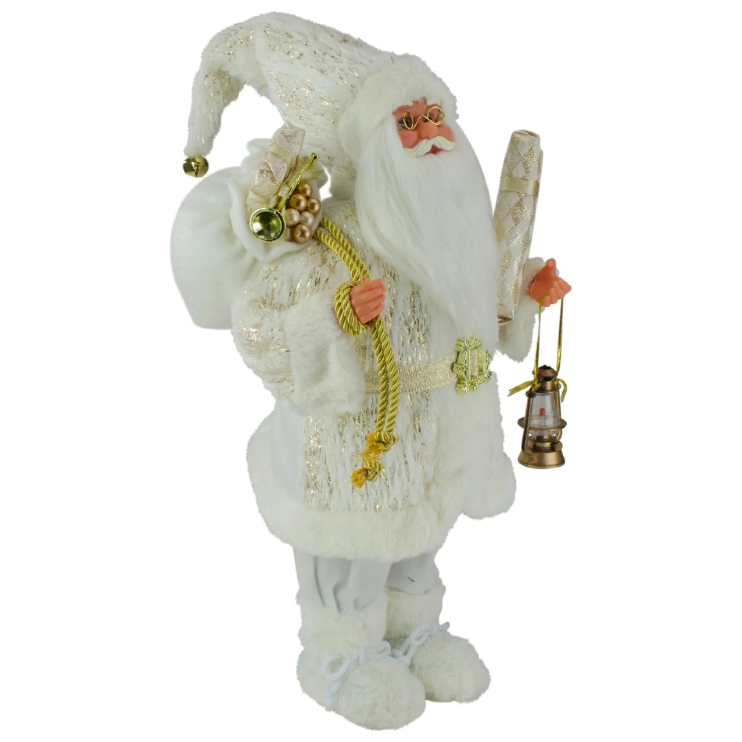 12" Standing Santa Christmas Figure Dressed In Plush Winter White And Gold