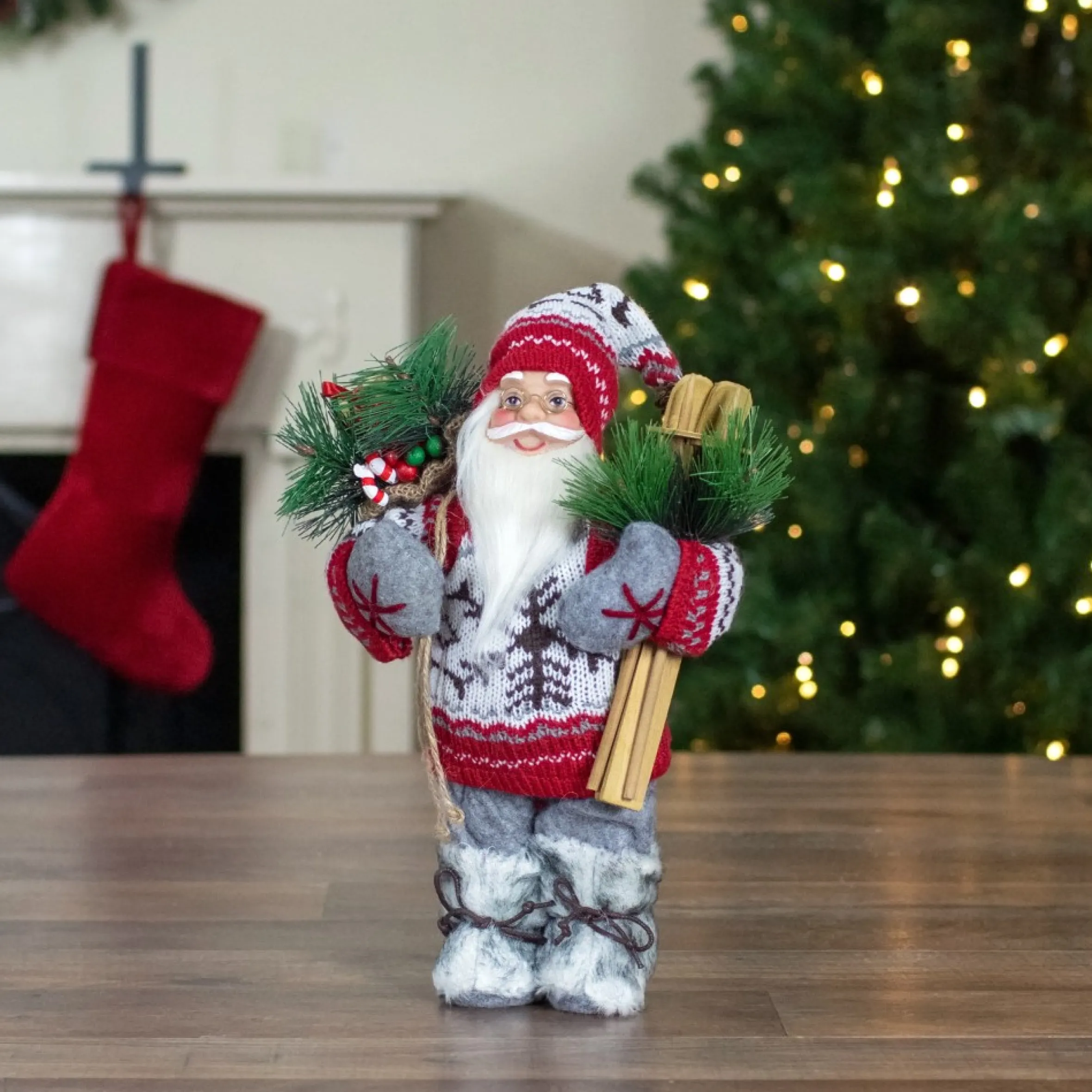 12" Standing Santa Dressed In A Warm Sweater And Fur Boots Christmas Figure