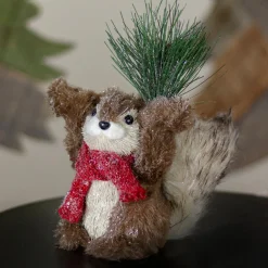 7" Standing Squirrel With Pine Sprig And Red Scarf Tabletop Christmas Figurine