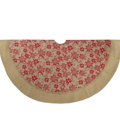 48" Tan And Red Rustic Burlap Poinsettia Christmas Tree Skirt