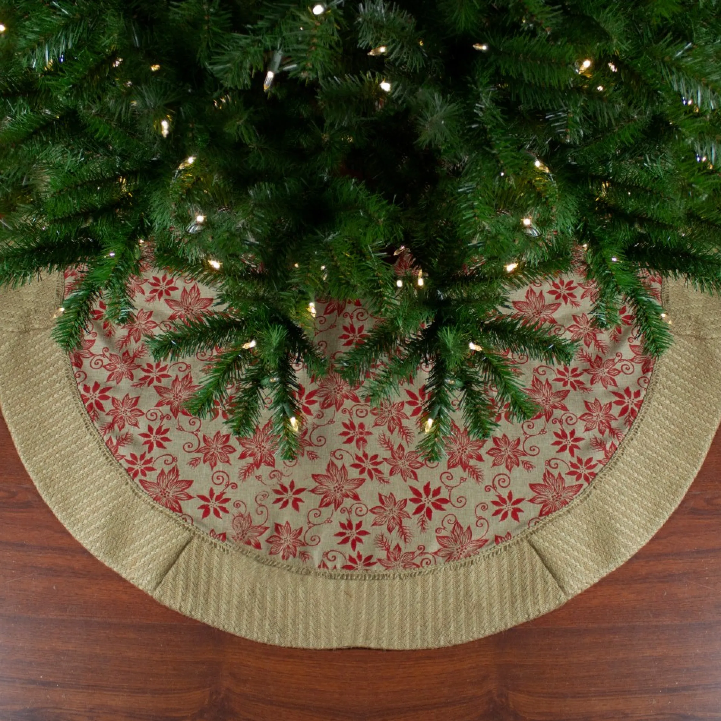 48" Tan And Red Rustic Burlap Poinsettia Christmas Tree Skirt